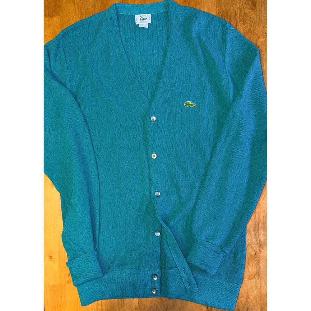 Vintage Izod Lacoste Mens Teal Blue Cardigan Sweater Orlon Acrylic USA Made LT
